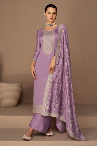 Levender Embroidered Silk Semi Stitched Straight Suit Up To 42" Size
