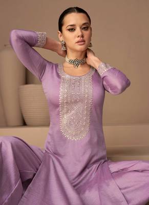 Levender Embroidered Silk Semi Stitched Straight Suit Up To 42" Size 2