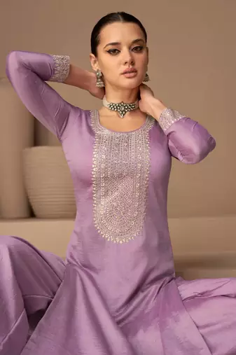 Levender Embroidered Silk Semi Stitched Straight Suit Up To 42" Size