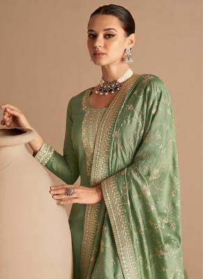 Dusty Green Embroidered Silk Straight Suit Free size full stitched Up To 42" Size 2