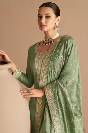 Dusty Green Embroidered Silk Straight Suit Free size full stitched Up To 42" Size