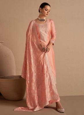 Peach Embroidered Silk  Straight Suit Free size full stitched Up To 42" Size 1