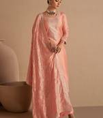 Peach Embroidered Silk  Straight Suit Free size full stitched Up To 42" Size