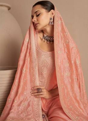 Peach Embroidered Silk  Straight Suit Free size full stitched Up To 42" Size 2