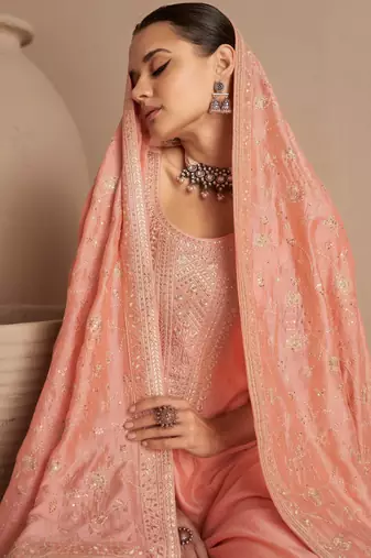 Peach Embroidered Silk  Straight Suit Free size full stitched Up To 42" Size