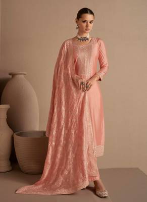 Peach Embroidered Silk  Straight Suit Free size full stitched Up To 42" Size 3