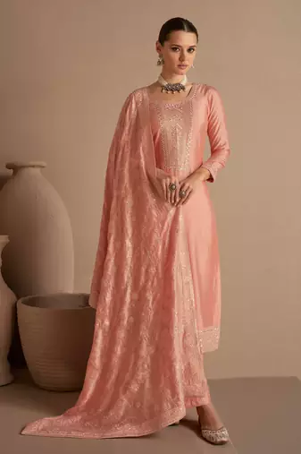 Peach Embroidered Silk  Straight Suit Free size full stitched Up To 42" Size