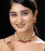 Gold finish red kundan choker set