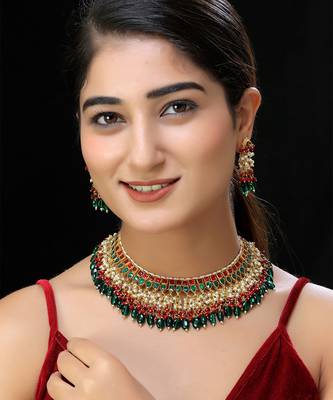 Gold finish multicolor kundan necklace set 1
