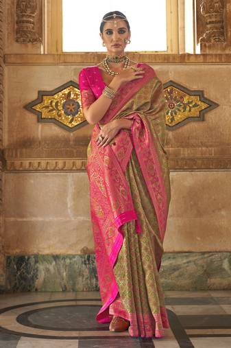 Elora Soft Silk Jacquard Faux Banarasi Weaving Saree For WomenGreen  
