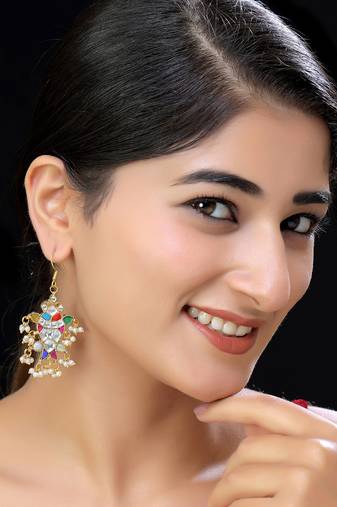 Gold finish multicolor kundan danglers
