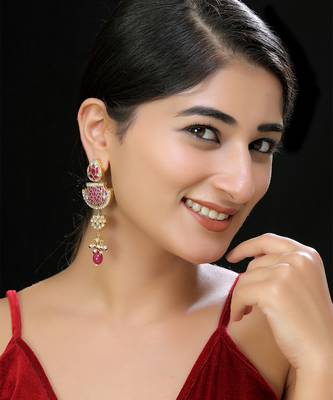 Gold finish red kundan danglers 1