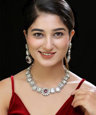 Red faux polki necklace set 1