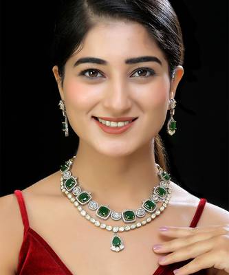 Green faux polki 2 layers necklace set 1