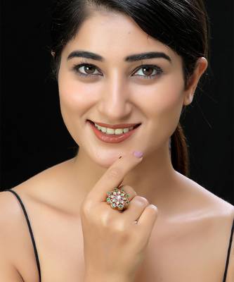 Gold finish multicolor kundan ring 1