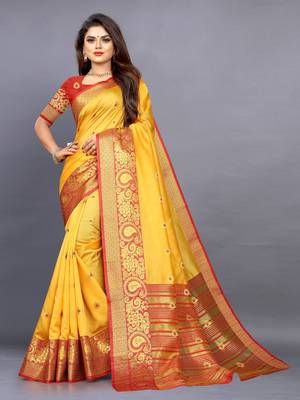 Yellow Colour Faux Banarasi Silk Saree 1