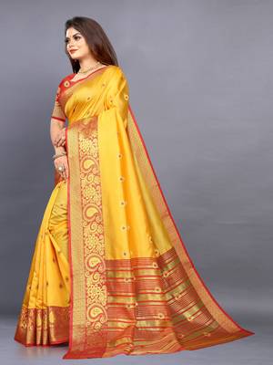 Yellow Colour Faux Banarasi Silk Saree 3