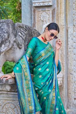 Green Women Silk Blend Woven Design Saree with Blouse For Women 3