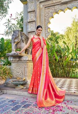 Peach Women Silk Blend Woven Design Saree with Blouse For Women 1