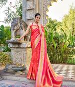 Peach Women Silk Blend Woven Design Saree with Blouse For Women