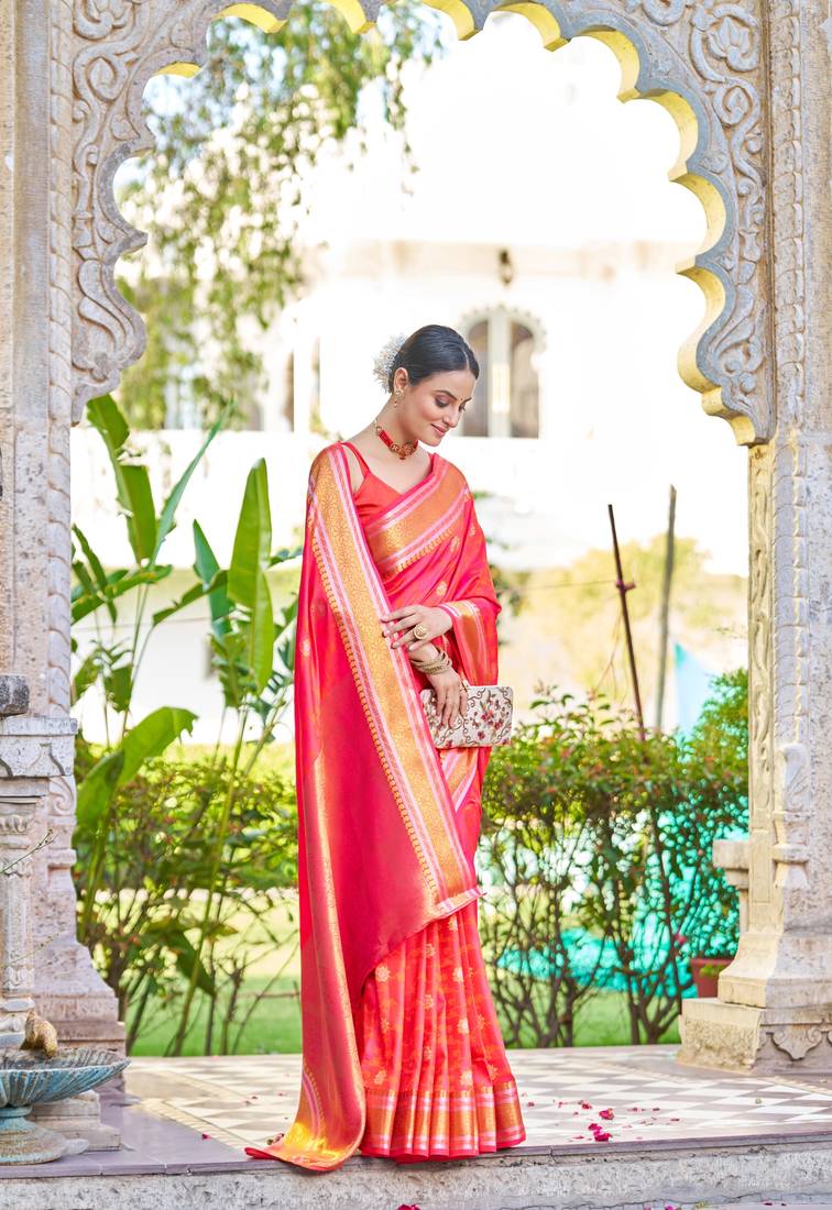 Peach Women Silk Blend Woven Design Saree with Blouse For Women