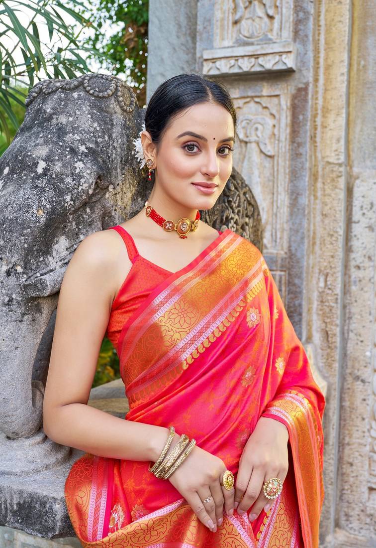 Peach Women Silk Blend Woven Design Saree with Blouse For Women