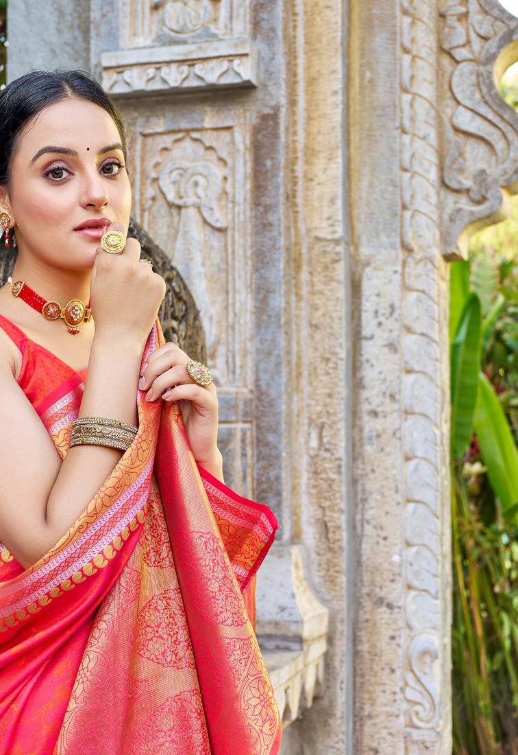 Peach Women Silk Blend Woven Design Saree with Blouse For Women