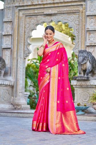 Pink Women Silk Blend Red Woven Design Saree with Blouse For Women