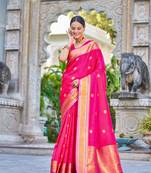 Pink Women Silk Blend Red Woven Design Saree with Blouse For Women