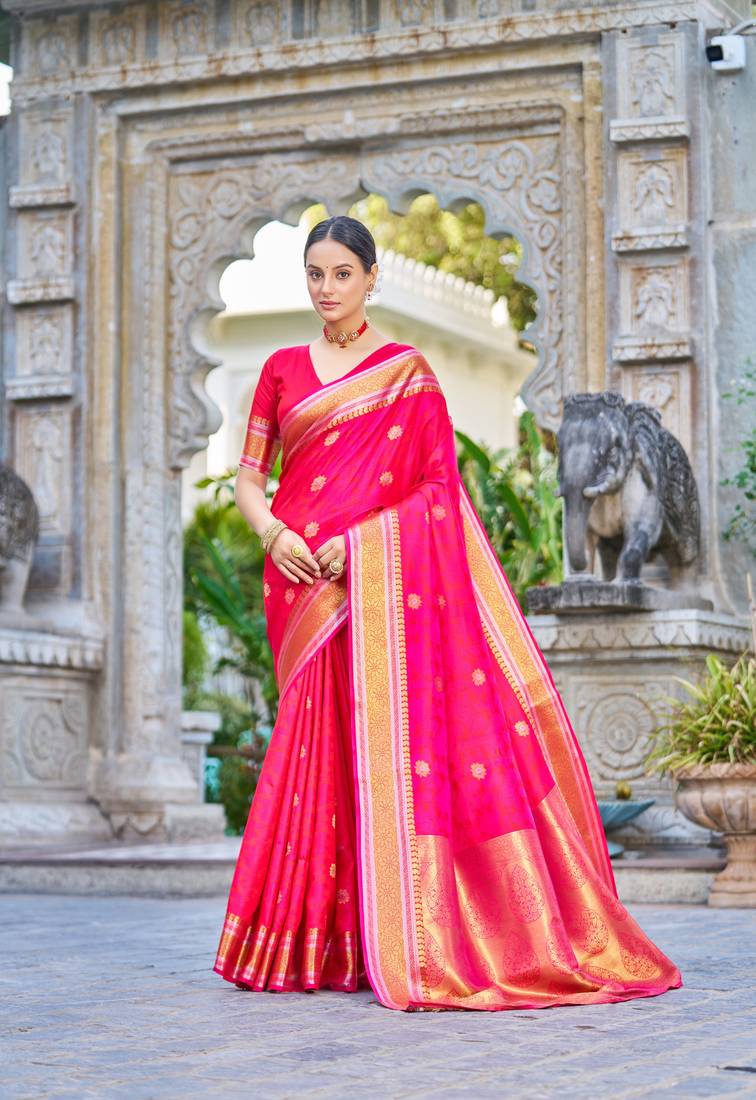 Pink Women Silk Blend Red Woven Design Saree with Blouse For Women
