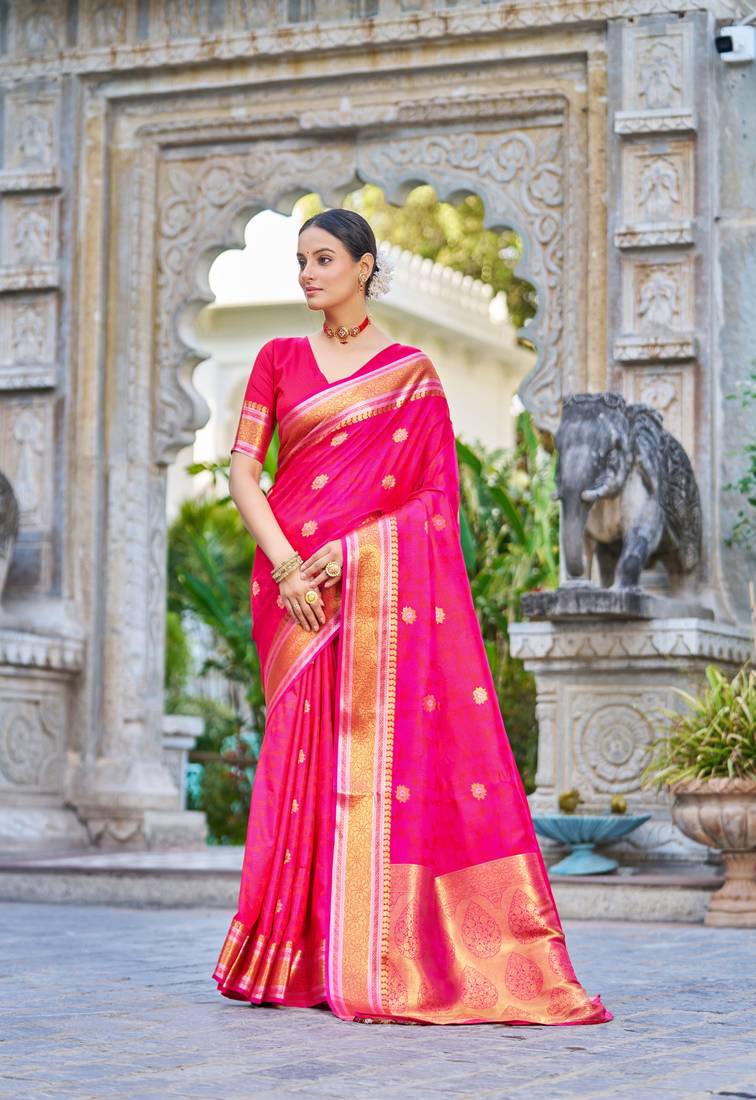 Pink Women Silk Blend Red Woven Design Saree with Blouse For Women