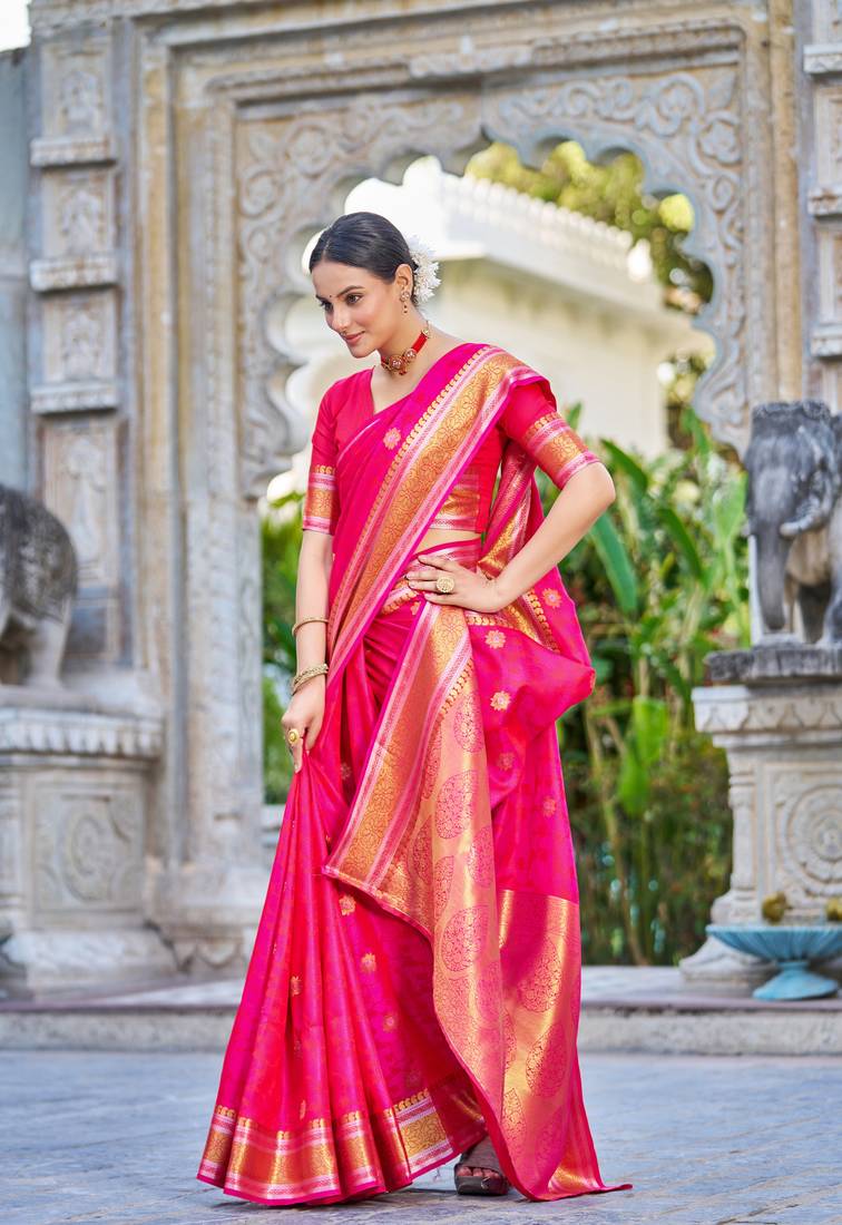 Pink Women Silk Blend Red Woven Design Saree with Blouse For Women