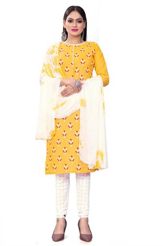 Yellow printed cotton semi stitched churidar ethnic-suits