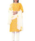 Yellow printed cotton semi stitched churidar ethnic-suits