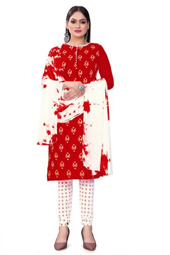Red printed cotton semi stitched churidar ethnic-suits