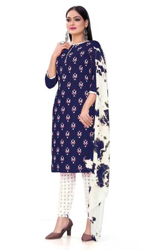 Blue printed cotton semi stitched churidar ethnic-suits