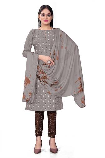 Grey printed cotton semi stitched churidar ethnic-suits