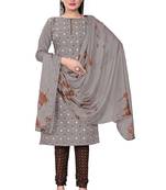 Grey printed cotton semi stitched churidar ethnic-suits