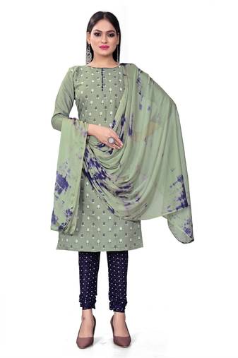Green printed cotton semi stitched churidar ethnic-suits
