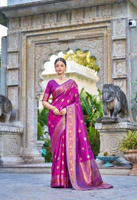 Purple Women Silk Blend Red Woven Design Saree with Blouse For Women 1