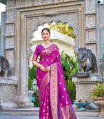 Purple Women Silk Blend Red Woven Design Saree with Blouse For Women