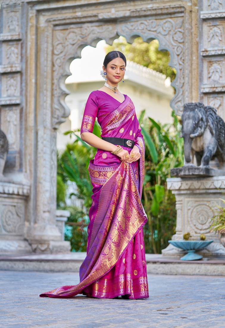 Purple Women Silk Blend Red Woven Design Saree with Blouse For Women