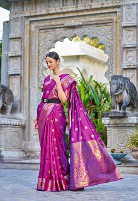 Purple Women Silk Blend Red Woven Design Saree with Blouse For Women 3