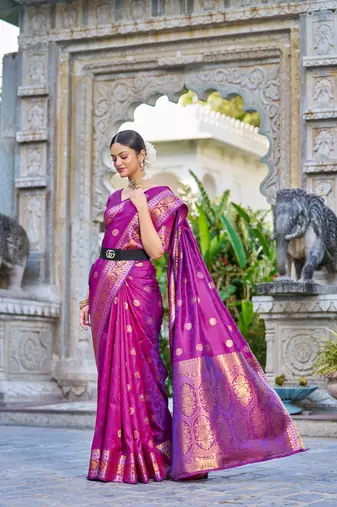 Purple Women Silk Blend Red Woven Design Saree with Blouse For Women