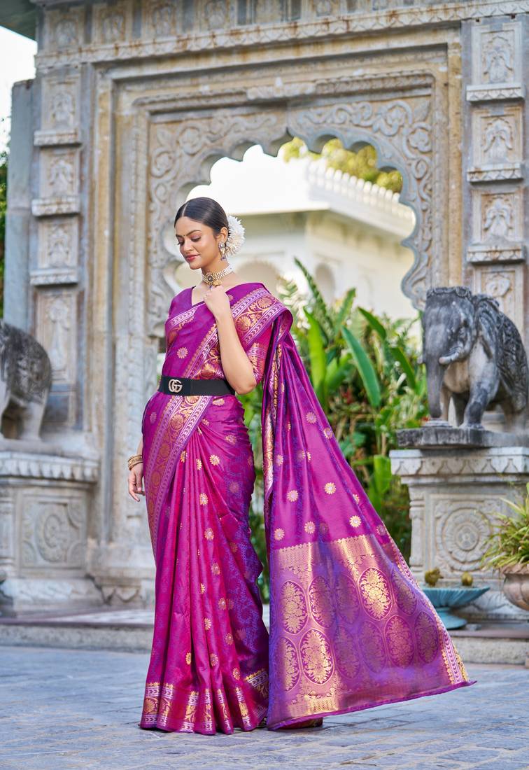 Purple Women Silk Blend Red Woven Design Saree with Blouse For Women