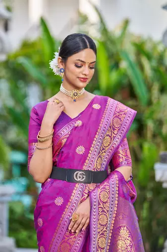 Purple Women Silk Blend Red Woven Design Saree with Blouse For Women