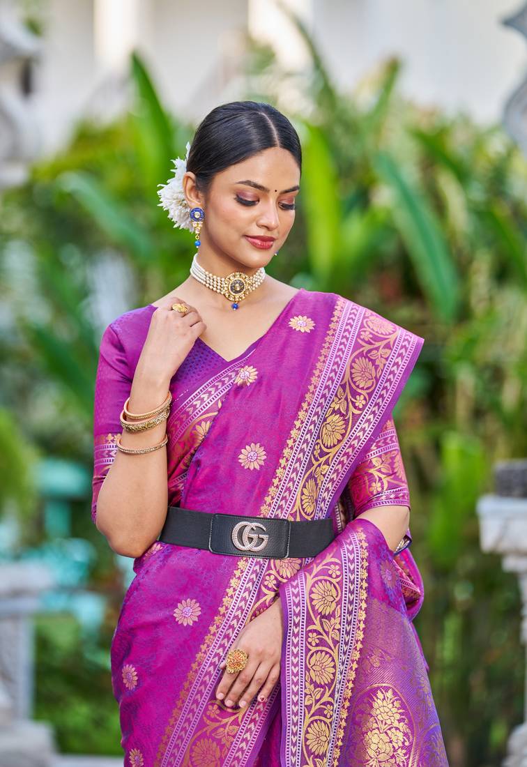 Purple Women Silk Blend Red Woven Design Saree with Blouse For Women