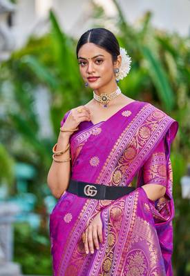 Purple Women Silk Blend Red Woven Design Saree with Blouse For Women 5