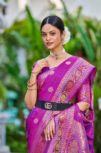 Purple Women Silk Blend Red Woven Design Saree with Blouse For Women