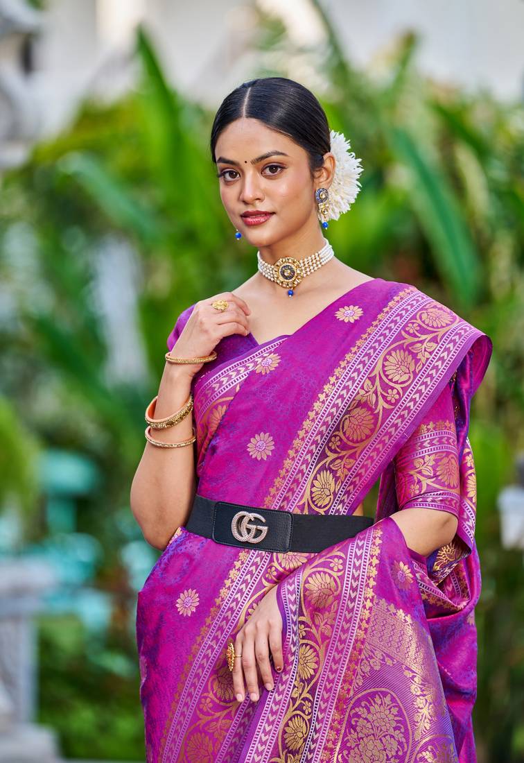 Purple Women Silk Blend Red Woven Design Saree with Blouse For Women